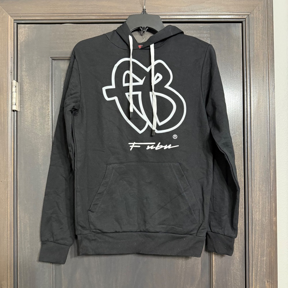FUBU Mens XS Black raised‎ Graphic Logo Pullover Hoodie Sweatshirt XS 30-32